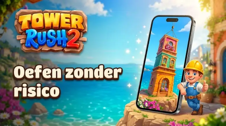 Bouwvakker naast een smartphone met de toren, zonder Tower Rush 2 APK